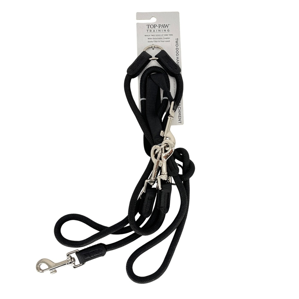 Top Paw Training Black Hands-Free Two-Dog Coupler Leash Attachment Rope NWT